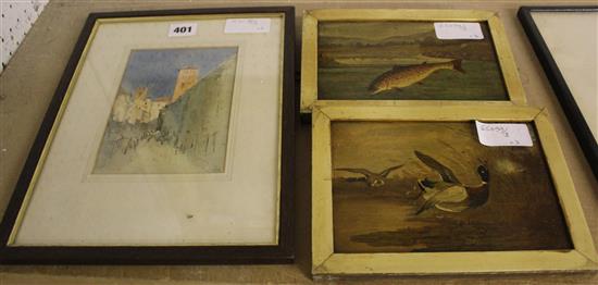 Watercolour, View of Arezzo, Italy & pair of early 20th century paintings of a leaping salmon and pair of mallard